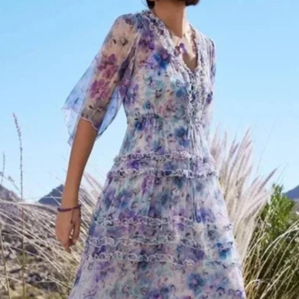 Johnny Was 1X Glinda 100% Silk Long Maxi Dress Floral Ruffle Tiered Msrp $480